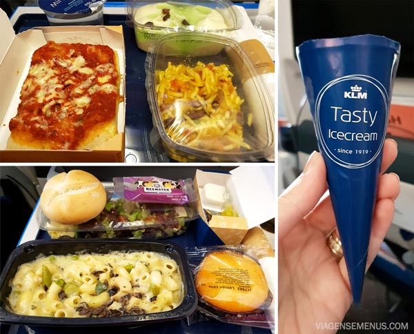 Voo direto de Fortaleza para Amsterdã - almoço (massa no molho branco) e lanches (pizza e sorvete) 