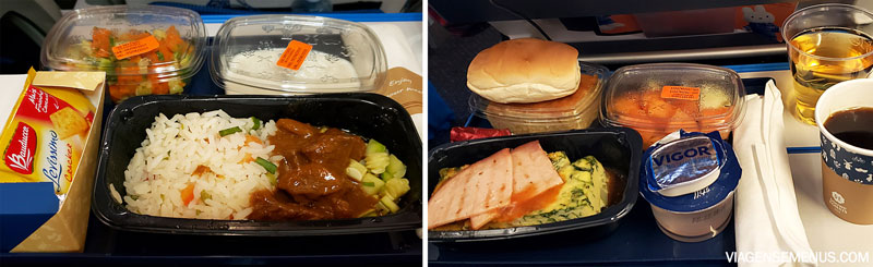 Voo direto de Fortaleza para Amsterdã - jantar (picadinho de carne) e café da manhã (pão e omelete)