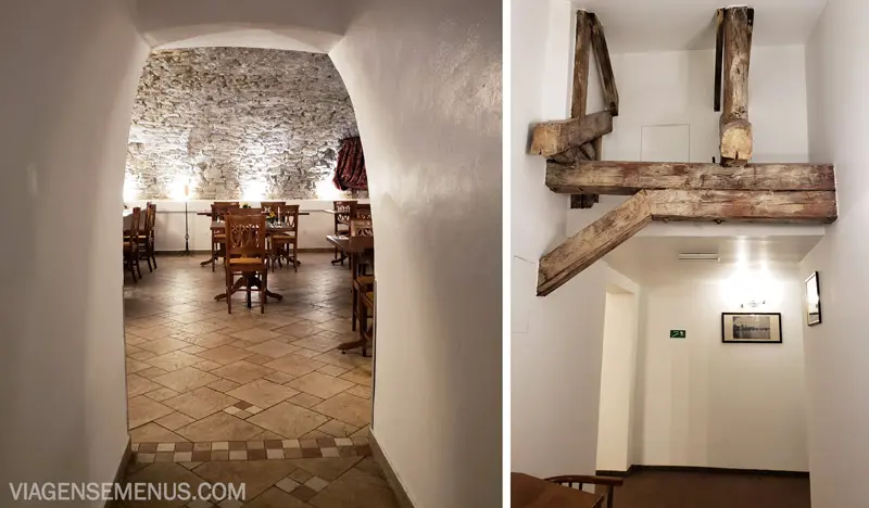 Hotel em Praga - imagens de partes do hotel Leonardo que mostram a parte histórica, uma madeira aparecendo na parede e o antigo estábulo do século 13 (paredes de pedra)