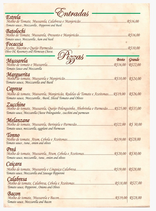 Pizzaria Vero Capo, Preá - cardápio