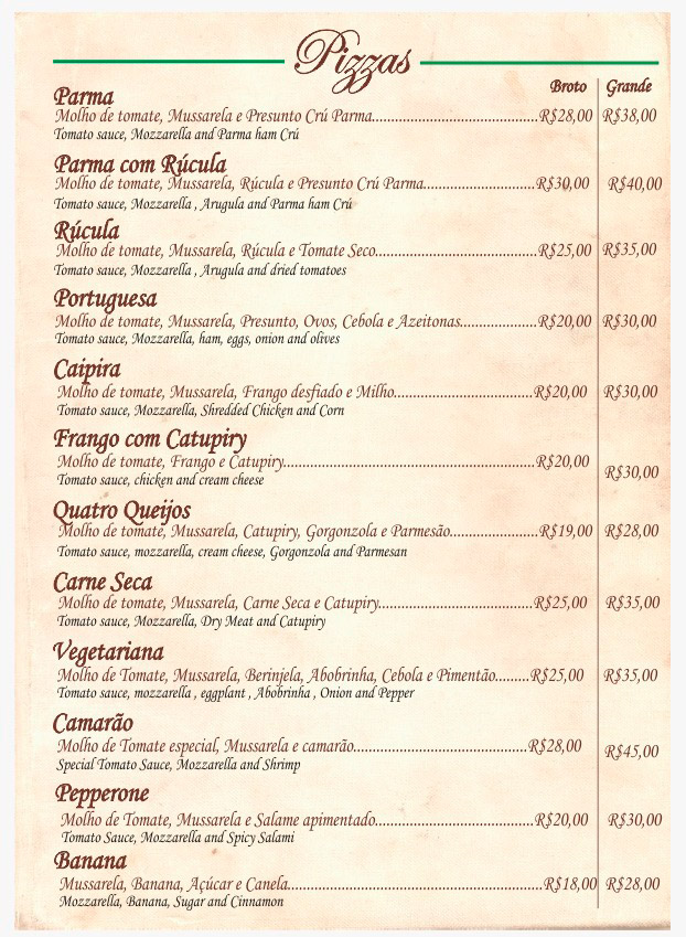 Pizzaria Vero Capo, Preá - cardápio