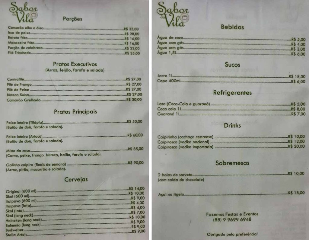 Cardápio Sabor da Vila, Preá